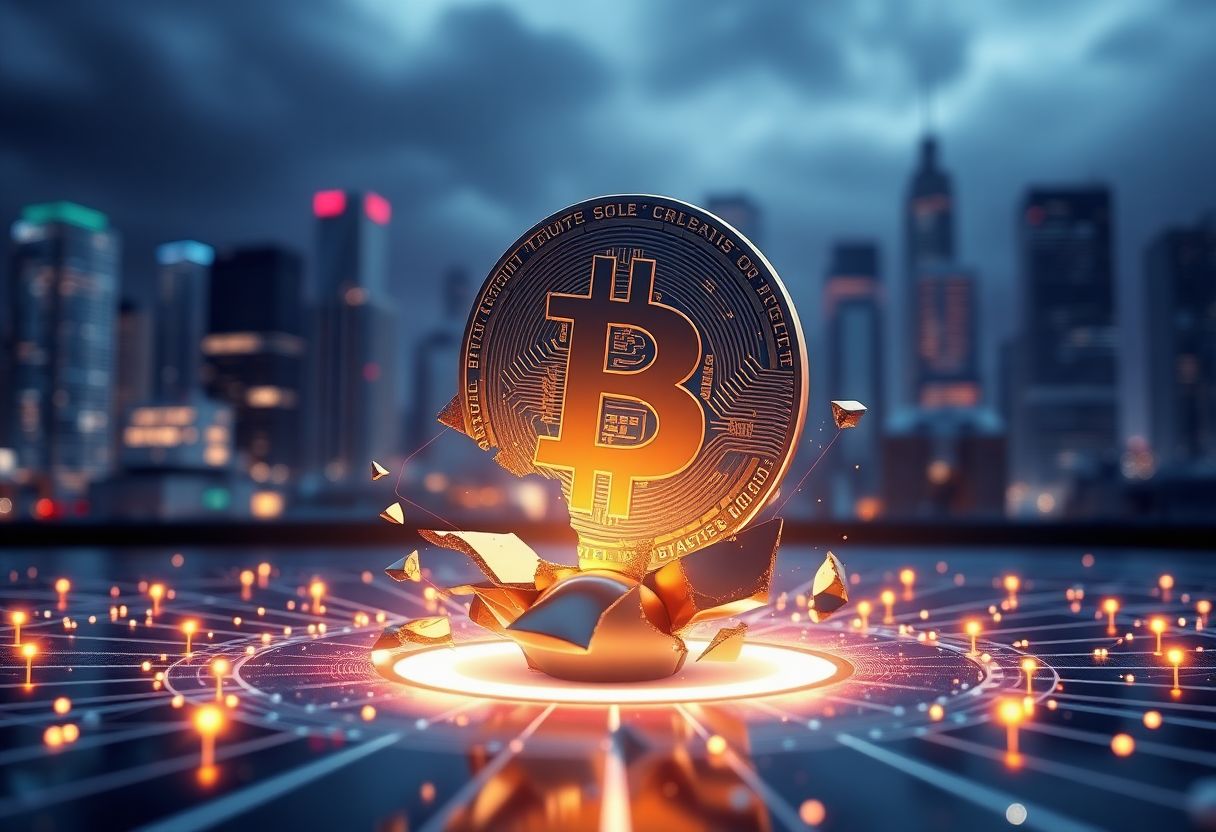 Editorial illustration for: Bitcoin Drops Below $77,000 as Broad Market Sell-Off Erases $33 Billion