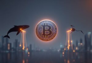Editorial illustration for: Bitcoin Holds Near $77,000 as Whale and Retail Divergence Hits January 2024 Lows