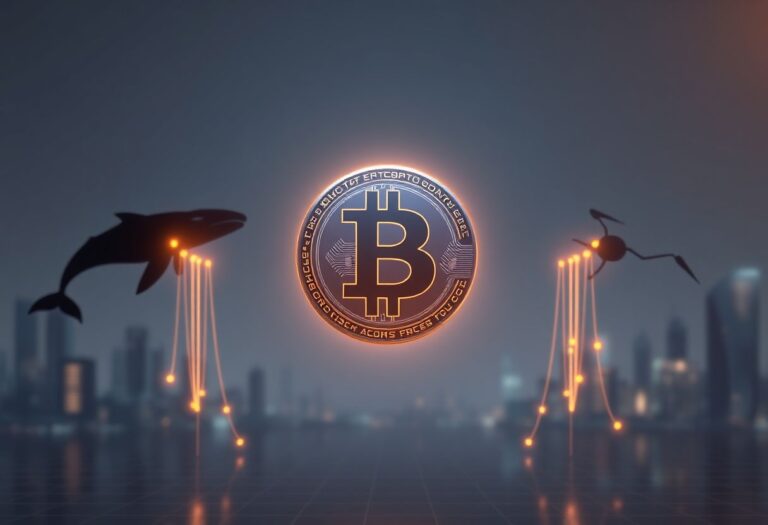 Editorial illustration for: Bitcoin Holds Near $77,000 as Whale and Retail Divergence Hits January 2024 Lows