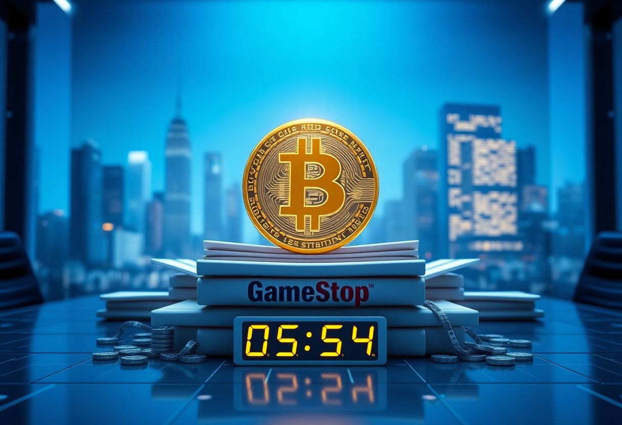 Editorial illustration for: GameStop's $55.5 Billion Ebay Bid Puts Its $368 Million Bitcoin Treasury at Risk