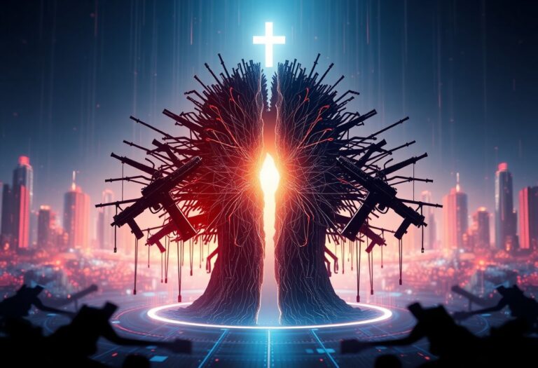 Editorial illustration for: Pope Leo XIV Condemns AI Warfare Investment, Warning of a Spiral of Annihilation