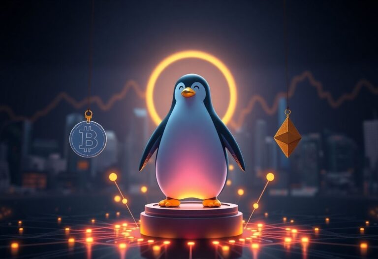Editorial illustration for: Pudgy Penguins' PENGU Token Climbs as NFT-Native Tokens Stage a May Recovery