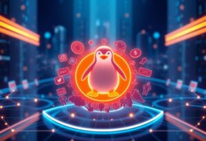 Editorial illustration for: Pudgy Penguins Rides Cultural Flywheel as Pengu Posts $85M in Volume