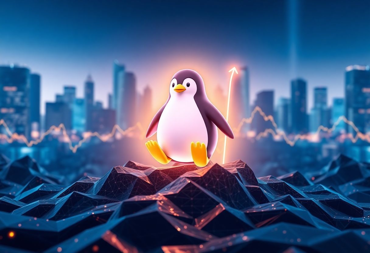 Editorial illustration for: Pudgy Penguins Token PENGU Trends as NFT-Backed Cryptocurrency Navigates a Bearish Session